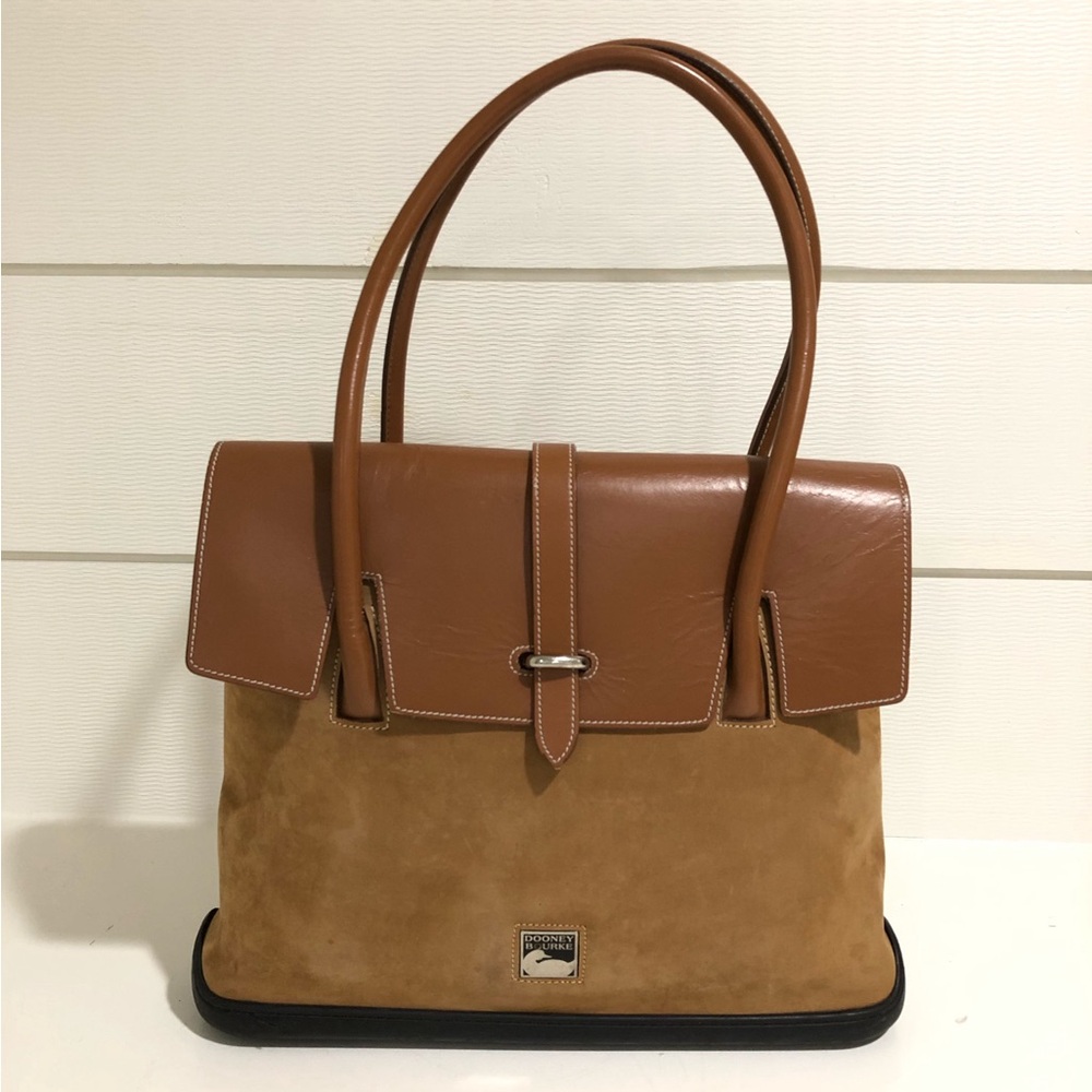 Dooney & Bourke Toiny Parasole Large Flap Tote Tan Leather Rubber Bottom EUC